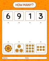 How many counting game with spider web. worksheet for preschool kids, kids activity sheet vector