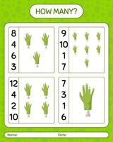 How many counting game with zombie's hand. worksheet for preschool kids, kids activity sheet vector