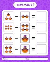 How many counting game with jack o' lantern. worksheet for preschool kids, kids activity sheet vector