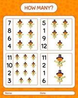 How many counting game with scarecrow. worksheet for preschool kids, kids activity sheet vector