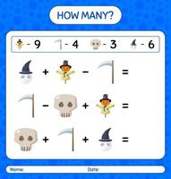 How many counting game with halloween icon. worksheet for preschool kids, kids activity sheet vector