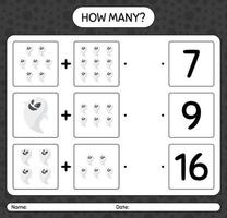 How many counting game with ghost. worksheet for preschool kids, kids activity sheet vector