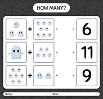 How many counting game with ghost. worksheet for preschool kids, kids activity sheet vector