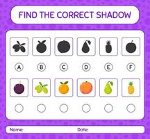 encuentra el juego de sombras correcto con frutas. hoja de trabajo para niños en edad preescolar, hoja de actividades para niños vector