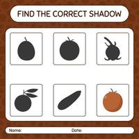 encuentra el juego de sombras correcto con la manzana de terciopelo. hoja de trabajo para niños en edad preescolar, hoja de actividades para niños vector