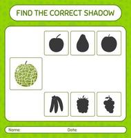 encuentra el juego de sombras correcto con melón. hoja de trabajo para niños en edad preescolar, hoja de actividades para niños vector