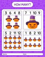 cuantos juegos de conteo con jack o'lantern. hoja de trabajo para niños en edad preescolar, hoja de actividades para niños vector