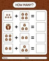 How many counting game with owl. worksheet for preschool kids, kids activity sheet vector