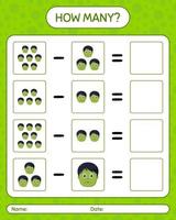 How many counting game with zombie. worksheet for preschool kids, kids activity sheet vector