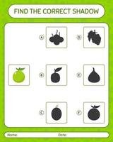 Find the correct shadows game with guava. worksheet for preschool kids, kids activity sheet vector