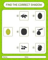 Find the correct shadows game with jackfruit. worksheet for preschool kids, kids activity sheet vector