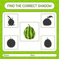 encuentra el juego de sombras correcto con sandía. hoja de trabajo para niños en edad preescolar, hoja de actividades para niños vector