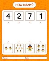 How many counting game with scarecrow. worksheet for preschool kids, kids activity sheet vector