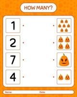 How many counting game with jack o' lantern. worksheet for preschool kids, kids activity sheet vector