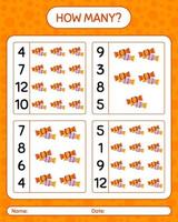 How many counting game with candy. worksheet for preschool kids, kids activity sheet vector