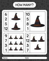 How many counting game with witch's hat. worksheet for preschool kids, kids activity sheet vector