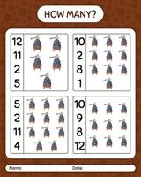 How many counting game with bat. worksheet for preschool kids, kids activity sheet vector