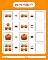 How many counting game with cupcake. worksheet for preschool kids, kids activity sheet vector