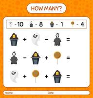 How many counting game with halloween icon. worksheet for preschool kids, kids activity sheet vector