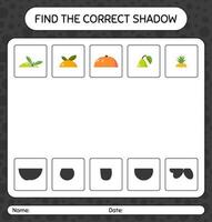 encuentra el juego de sombras correcto con frutas. hoja de trabajo para niños en edad preescolar, hoja de actividades para niños vector