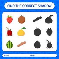 encuentra el juego de sombras correcto con frutas. hoja de trabajo para niños en edad preescolar, hoja de actividades para niños vector