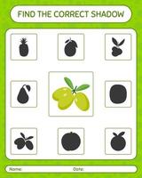 Find the correct shadows game with olive. worksheet for preschool kids, kids activity sheet vector