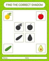 encuentra el juego de sombras correcto con frutas. hoja de trabajo para niños en edad preescolar, hoja de actividades para niños vector