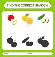 encuentra el juego de sombras correcto con frutas. hoja de trabajo para niños en edad preescolar, hoja de actividades para niños vector