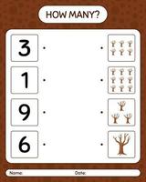 How many counting game with tree. worksheet for preschool kids, kids activity sheet vector