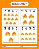 How many counting game with candy corn. worksheet for preschool kids, kids activity sheet vector