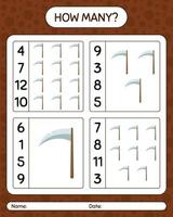 How many counting game with scythe. worksheet for preschool kids, kids activity sheet vector