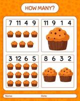 How many counting game with cupcake. worksheet for preschool kids, kids activity sheet vector