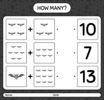 How many counting game with bat. worksheet for preschool kids, kids activity sheet vector