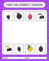 encuentra el juego de sombras correcto con frutas. hoja de trabajo para niños en edad preescolar, hoja de actividades para niños vector