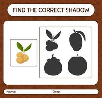 Find the correct shadows game with longan. worksheet for preschool kids, kids activity sheet vector