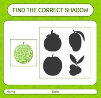 Find the correct shadows game with melon. worksheet for preschool kids, kids activity sheet vector