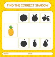Find the correct shadows game with pineapple. worksheet for preschool kids, kids activity sheet vector