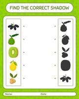 encuentra el juego de sombras correcto con frutas. hoja de trabajo para niños en edad preescolar, hoja de actividades para niños vector