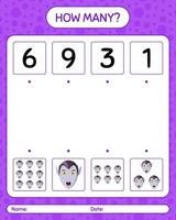 How many counting game with vampire. worksheet for preschool kids, kids activity sheet vector