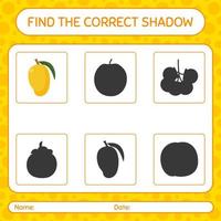 Find the correct shadows game with mango. worksheet for preschool kids, kids activity sheet vector