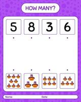 How many counting game with jack o' lantern. worksheet for preschool kids, kids activity sheet vector