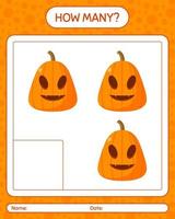 How many counting game with jack o' lantern. worksheet for preschool kids, kids activity sheet vector