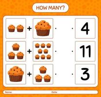 How many counting game with cupcake. worksheet for preschool kids, kids activity sheet vector