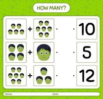 How many counting game with zombie. worksheet for preschool kids, kids activity sheet vector