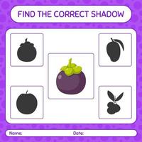 Find the correct shadows game with mangosteen. worksheet for preschool kids, kids activity sheet vector