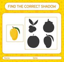 Find the correct shadows game with mango. worksheet for preschool kids, kids activity sheet vector