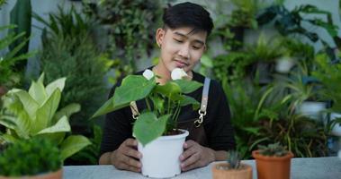 Portrait front view of a happy young asian male gardener looking to plant while sitting in the garden. Home greenery, selling online and hobby concept.