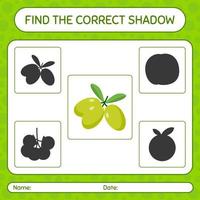 encuentra el juego de sombras correcto con oliva. hoja de trabajo para niños en edad preescolar, hoja de actividades para niños vector