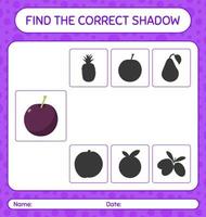 Find the correct shadows game with plum. worksheet for preschool kids, kids activity sheet vector