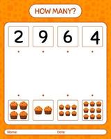 How many counting game with cupcake. worksheet for preschool kids, kids activity sheet vector